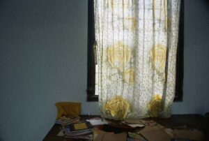 26_Still life with schoolwork and rose curtain